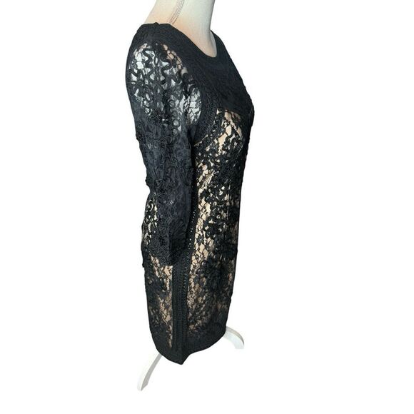 Sue Wong Black Heavily Embroidered Lace Dress Lined 3/4 Sleeve Cocktail Sz 10 - Picture 4 of 9